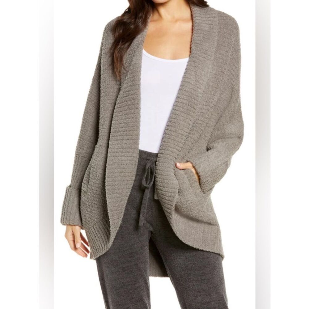 Pink Rose Waffle Knit Sage Green Open-Front Shawl Collar Sweater Cardigan Large